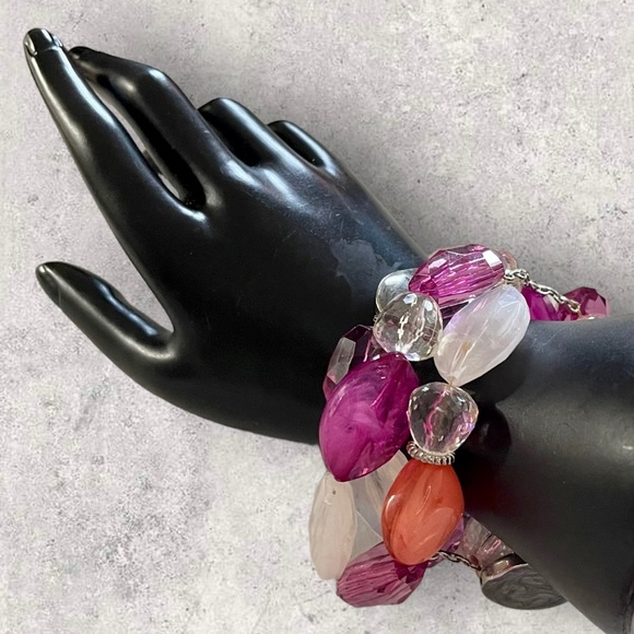 Chunky Pink White Clear Orange and Silver 3 Strand Stretch Statement Bracelet - Picture 1 of 8